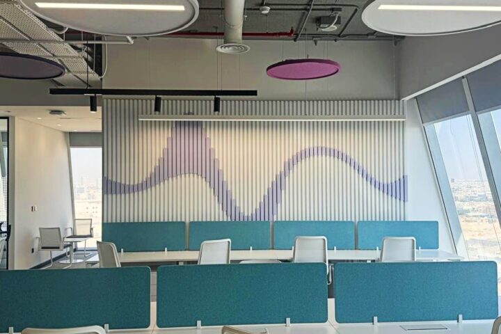 Custom-coloured DecraClouds installed in meeting room