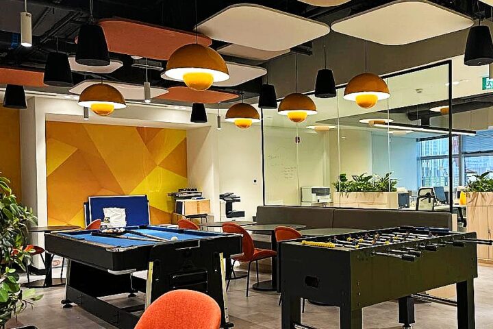 High-ceiling space treated with modular DecraCloud cluster