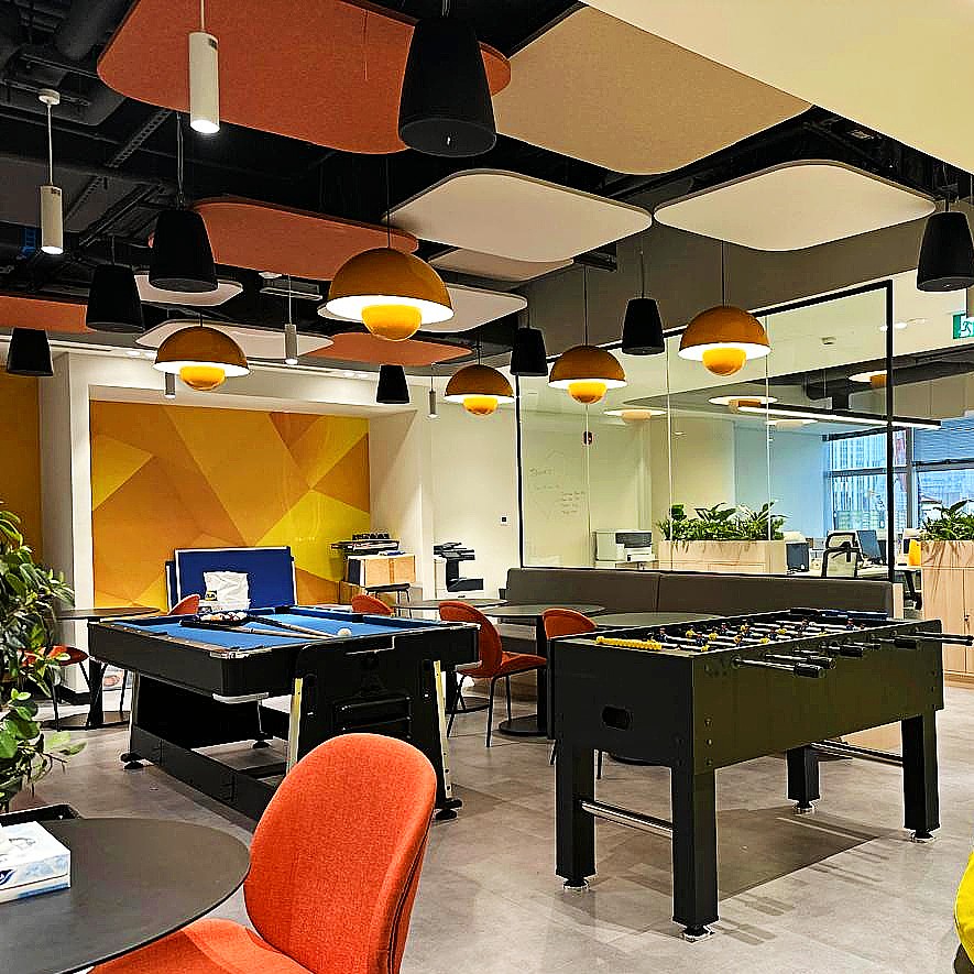 High-ceiling space treated with modular DecraCloud cluster