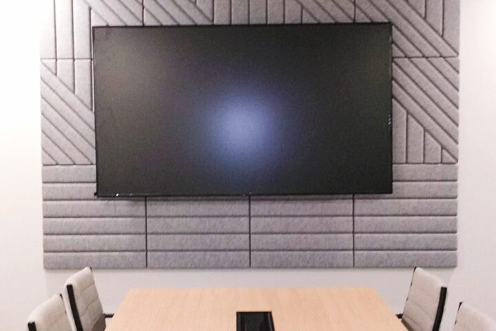Boardroom with Decrasound 3D acoustic panels applied to rear wall for echo control