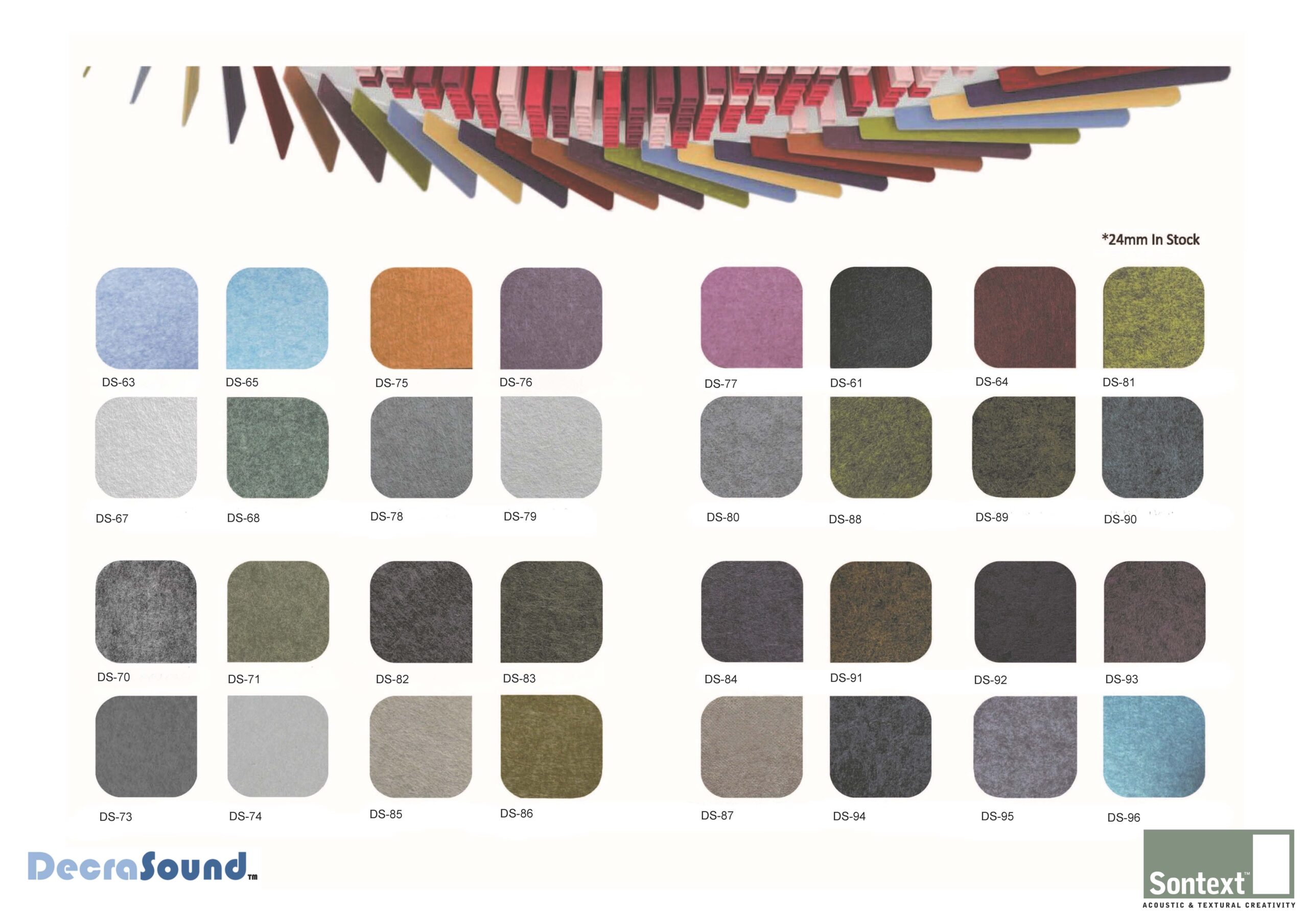 A Decrasound colour chart displaying 24 PET acoustic panel finishes from the 96-colour range, labelled DS-63 to DS-96. The samples show a spectrum of soft blues, greys, greens, and warmer tones such as gold, bronze, and grape. Each square presents the felt texture typical of Decrasound acoustic materials. The Sontext and Decrasound logos appear at the bottom, with a suspended array of acoustic baffles featured at the top. The note “*24 mm In Stock” indicates available thickness options. Decrasound 96-colour acoustic panel chart showing DS-coded PET felt samples from DS-63 to DS-96 in blue, grey, and warm neutral tones with Sontext and Decrasound branding.