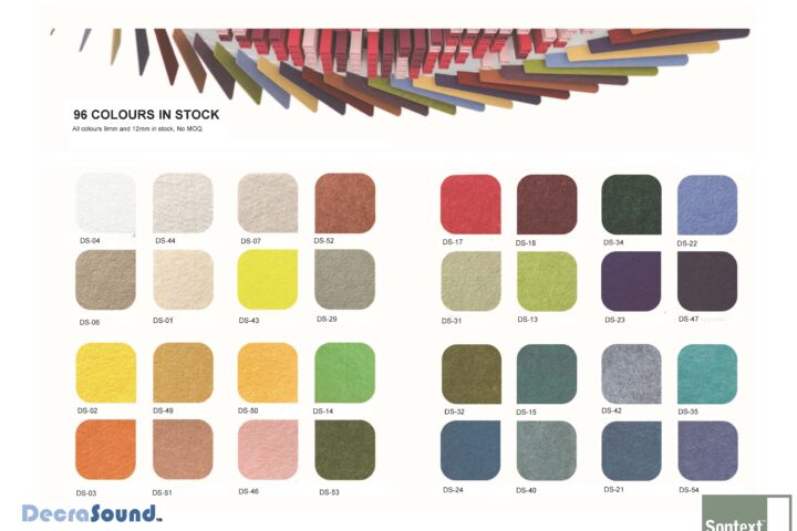 Decrasound 96-colour acoustic panel chart showing DS-coded fabric samples in various shades with Sontext and Decrasound branding.