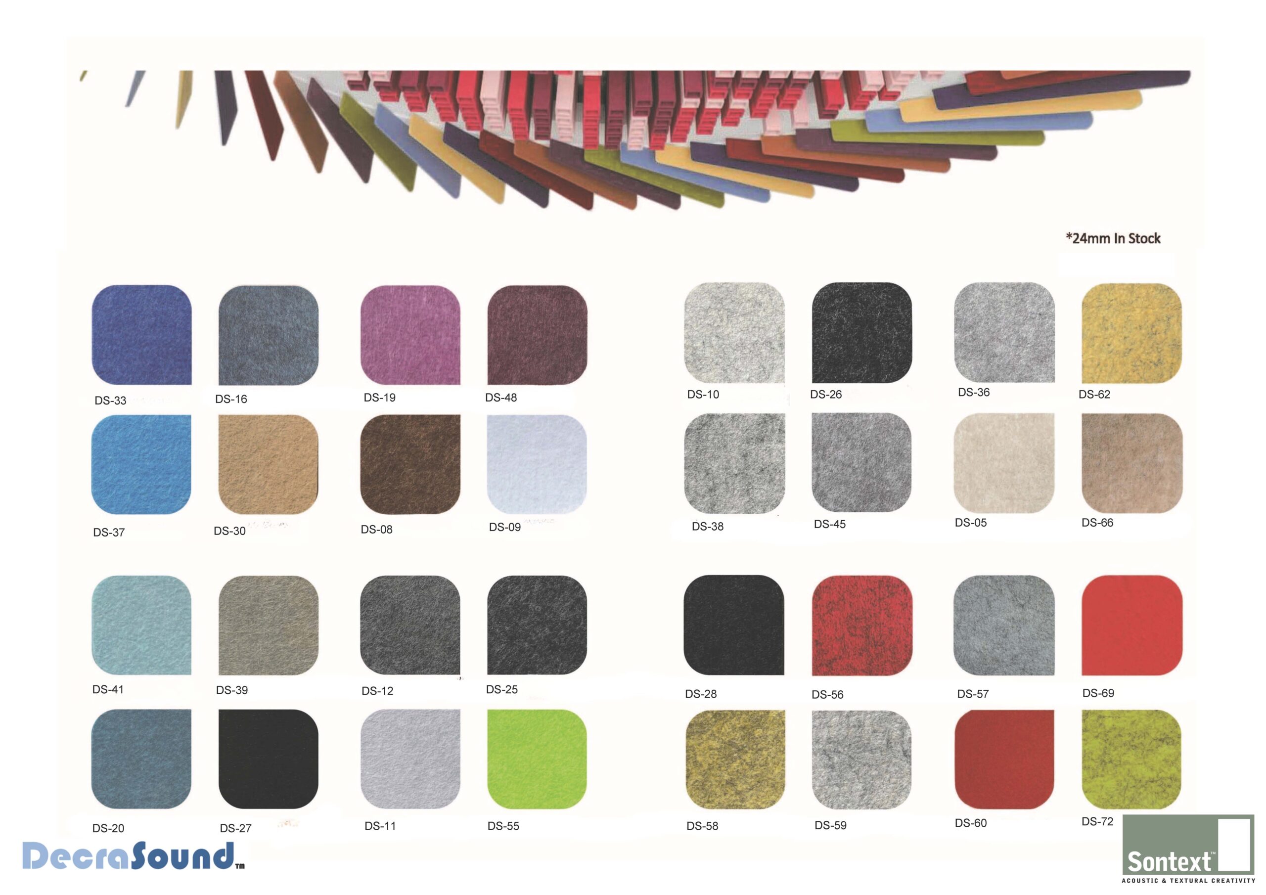 Decrasound Acoustiscreen PET acoustic panel colour chart page 2 showing stocked 96 colour range