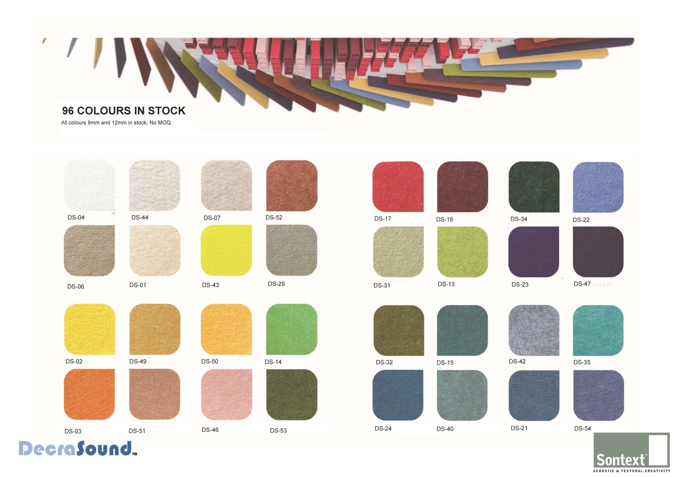 Decrasound Acoustiscreen PET acoustic panel colour chart showing 96 colours in stock including 9mm and 12mm and 24mm options.