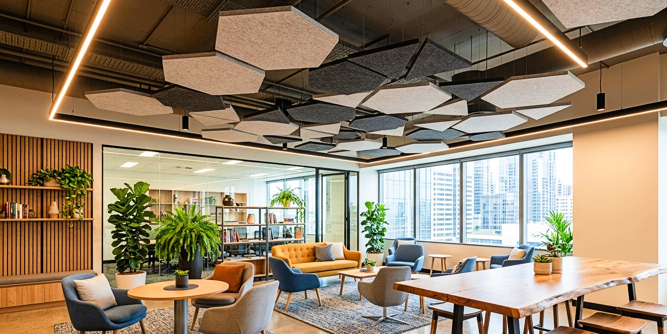 DecraCloud acoustic ceiling clouds suspended in a modern open-plan office breakout area to improve acoustics and reduce reverberation
