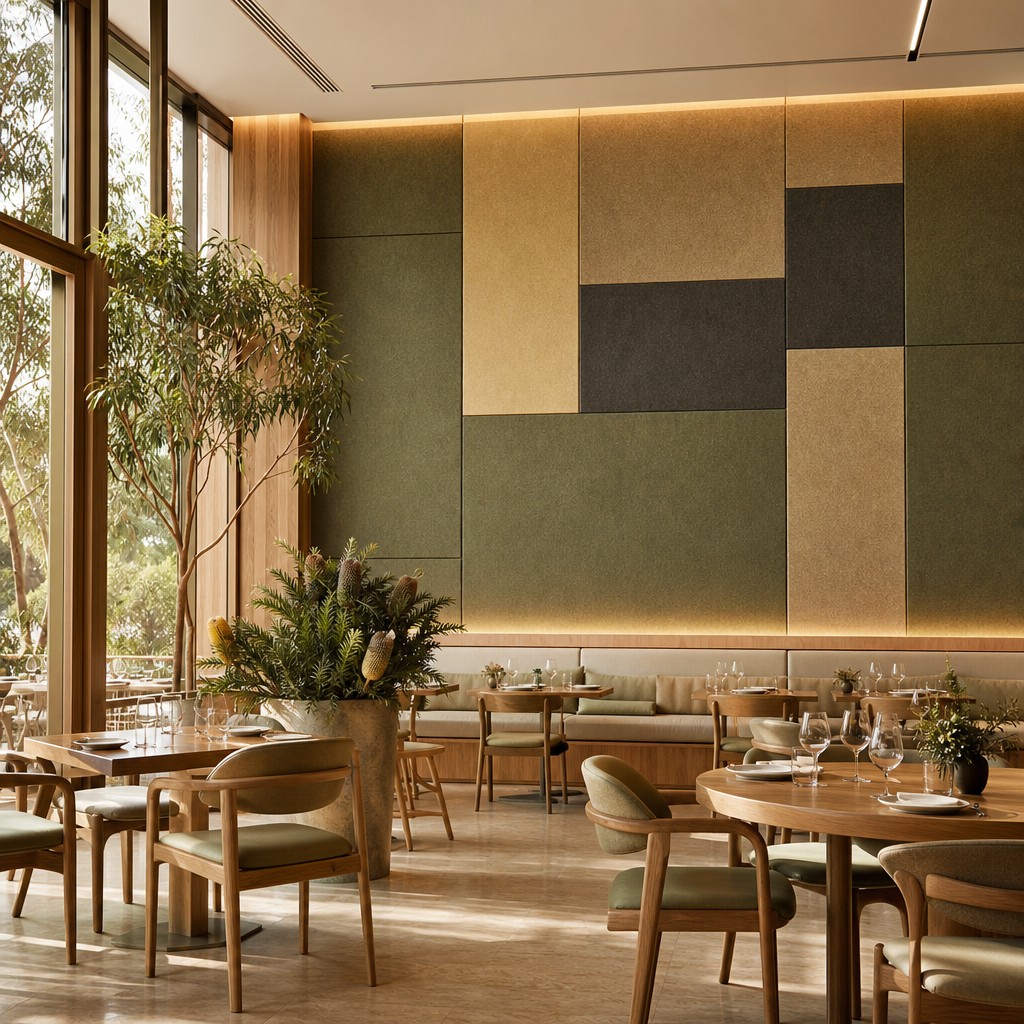 Café dining area with large decorative acoustic wall panels in green, beige and charcoal finishes.