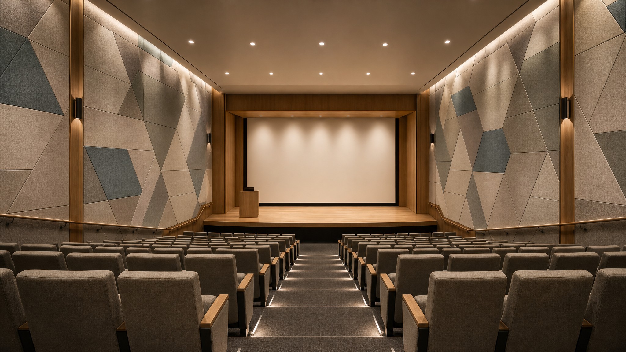 Modern auditorium featuring geometric PET acoustic wall panels designed to improve speech intelligibility and audience comfort