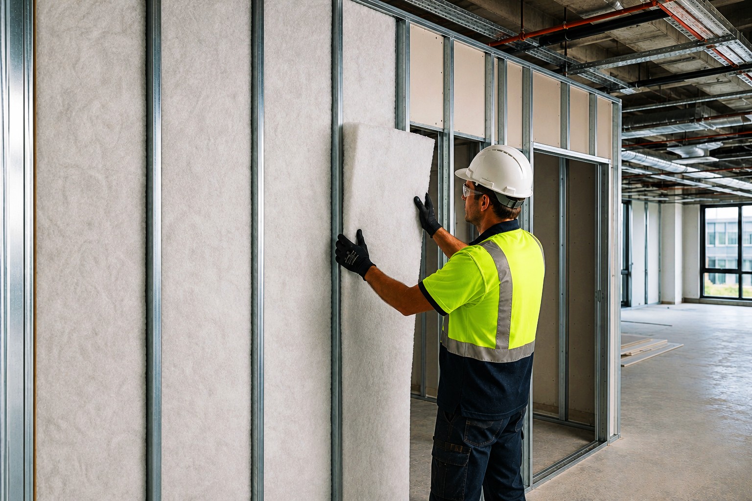 Installer fitting Decrabatt acoustic insulation batts into a commercial steel stud partition wall to improve sound absorption and acoustic performance.