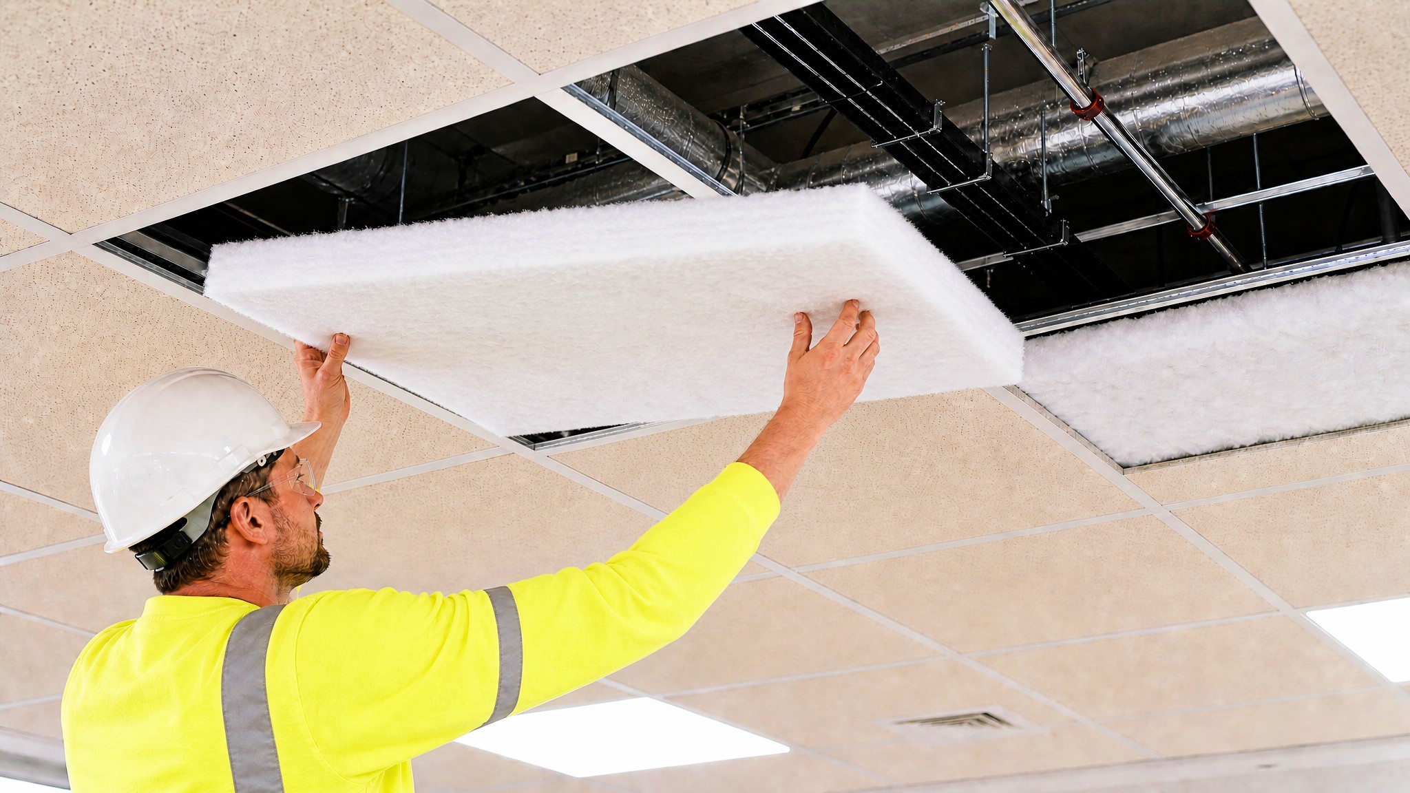 Installer fitting Decrabatt acoustic insulation above a suspended ceiling in a commercial office building to improve sound absorption and thermal performance.