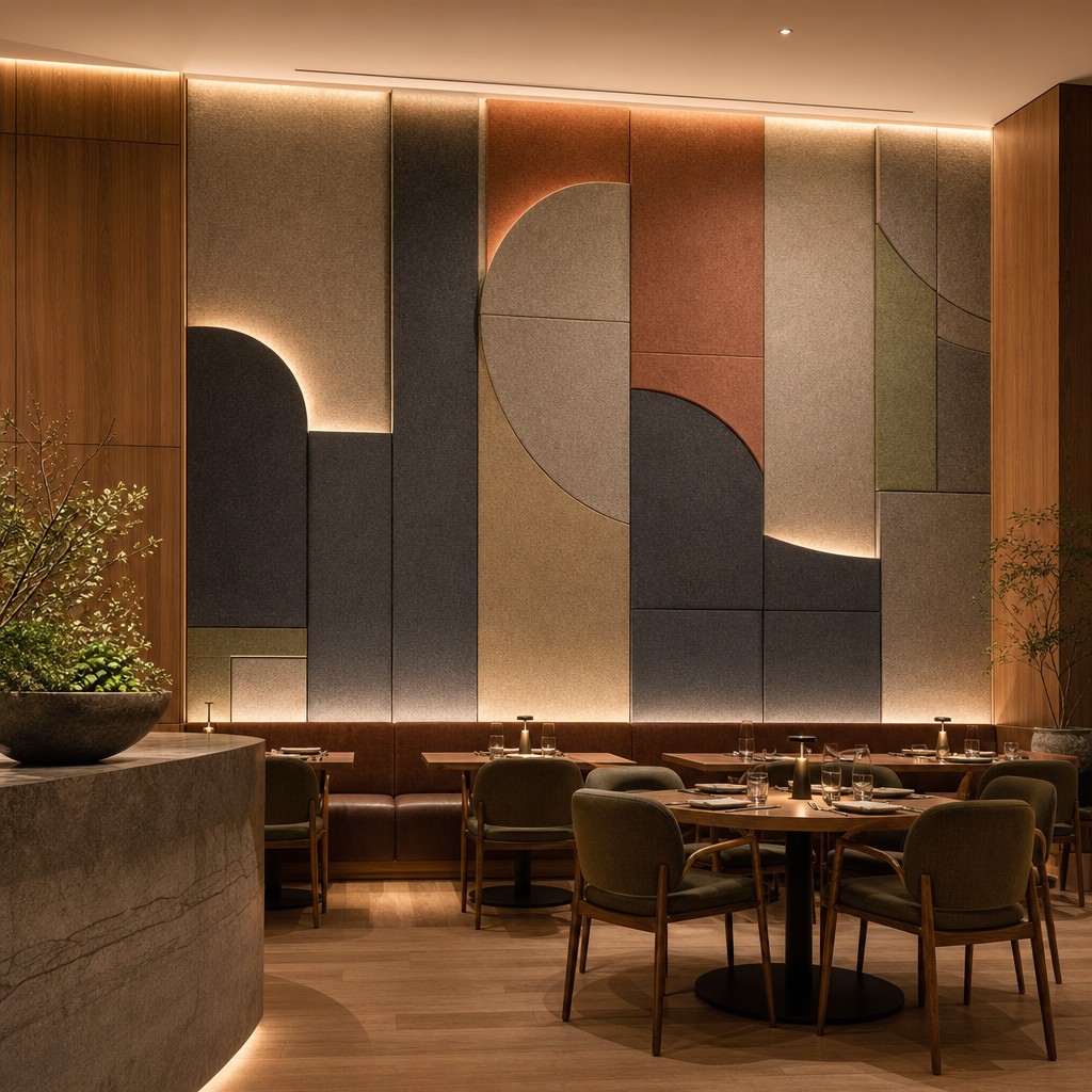 Restaurant interior with Decrasound Acoustiscreen 24mm acoustic wall panels in mixed colours and curved designs.
