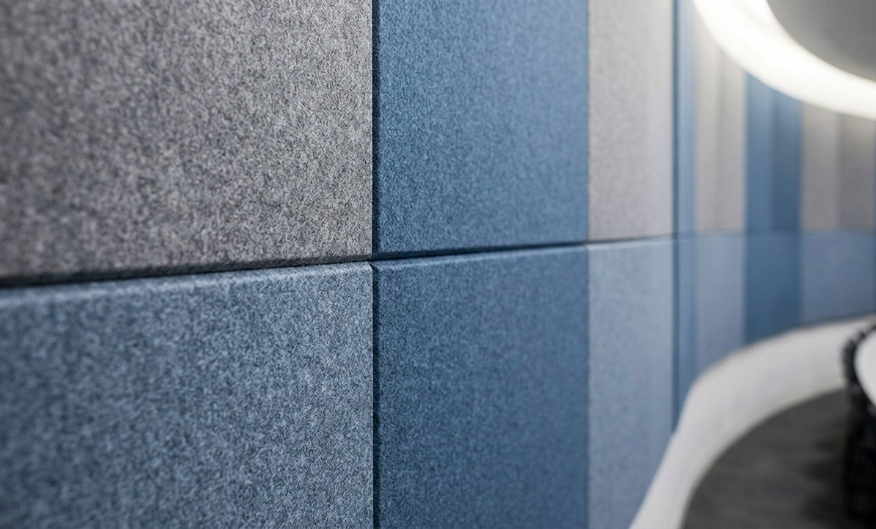Close-up view of Decrasound Acoustiscreen PET acoustic wall panels showing panel texture, clean joints and architectural finish.