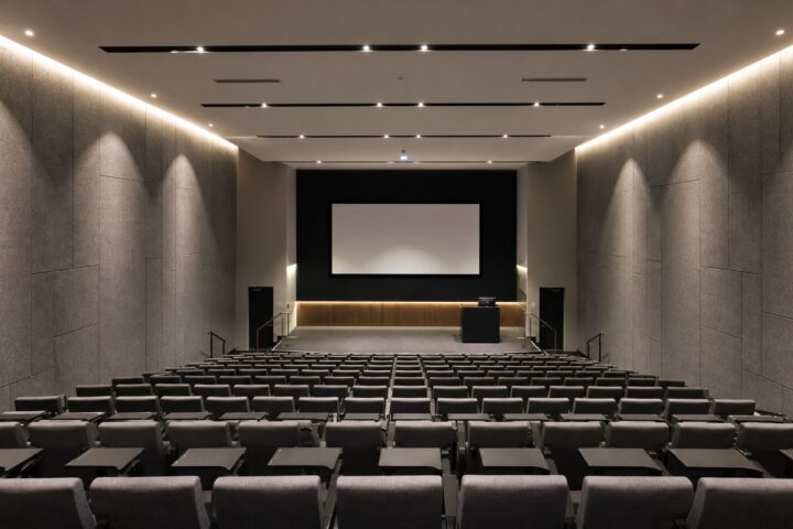 Contemporary university lecture theatre featuring Decrasound Acoustiscreen PET acoustic wall panels for improved speech clarity and reverberation control.