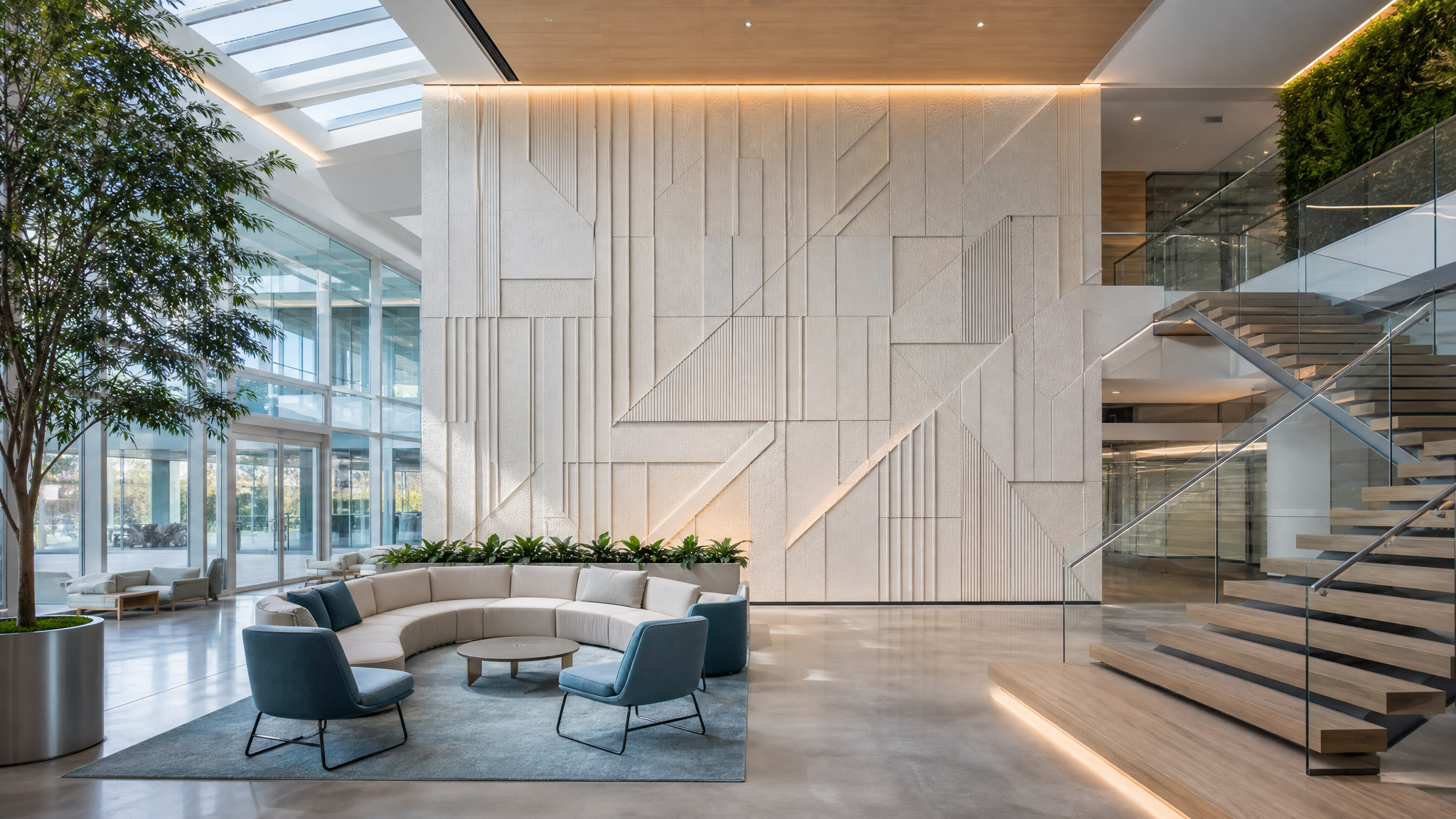 Contemporary commercial reception area featuring a decorative Decrasound PET acoustic feature wall with geometric patterns, timber ceiling detail and modern reception desk.