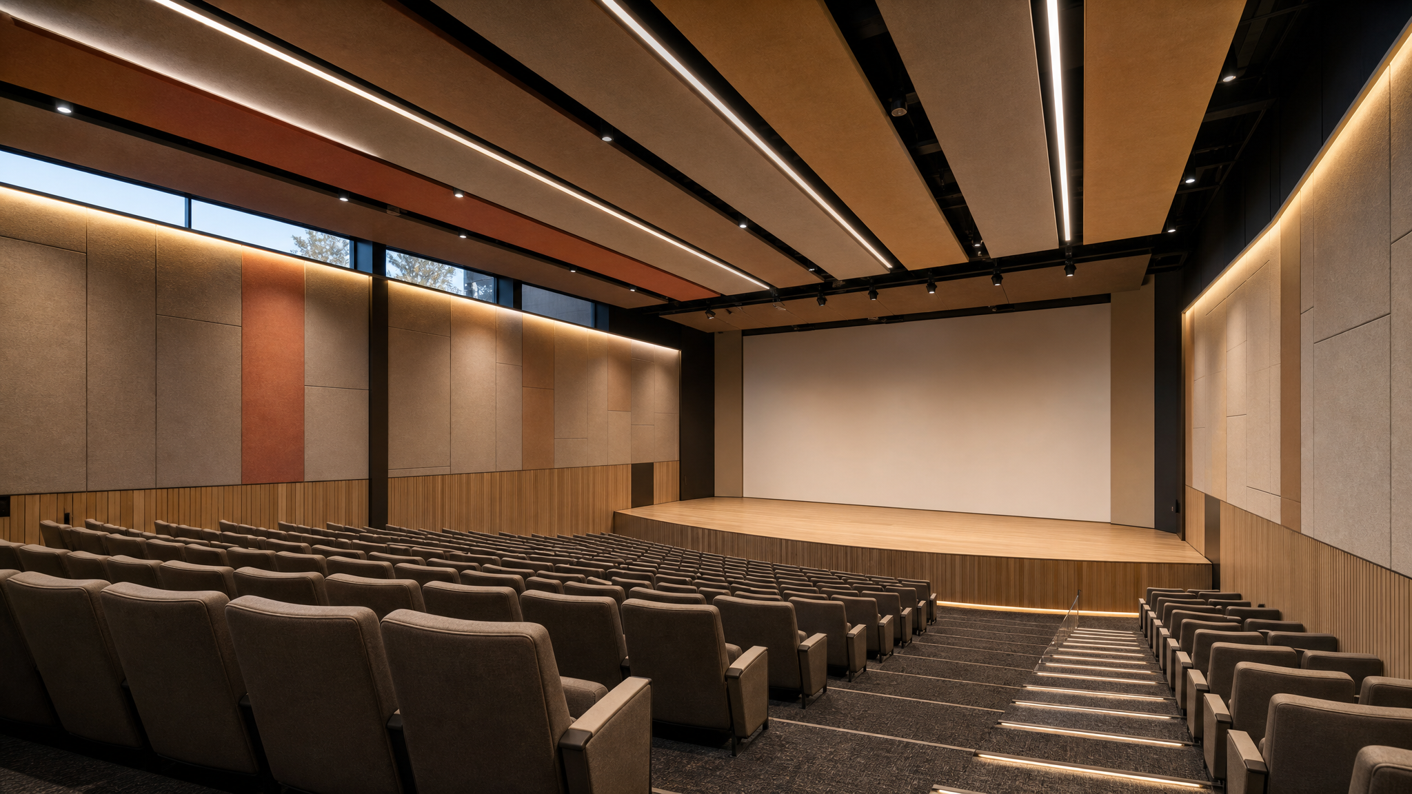Modern auditorium featuring PET acoustic wall panels and suspended acoustic ceiling systems for sound absorption and speech clarity