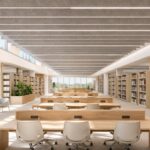 Modern library featuring suspended PET acoustic ceiling baffles above study and reading areas