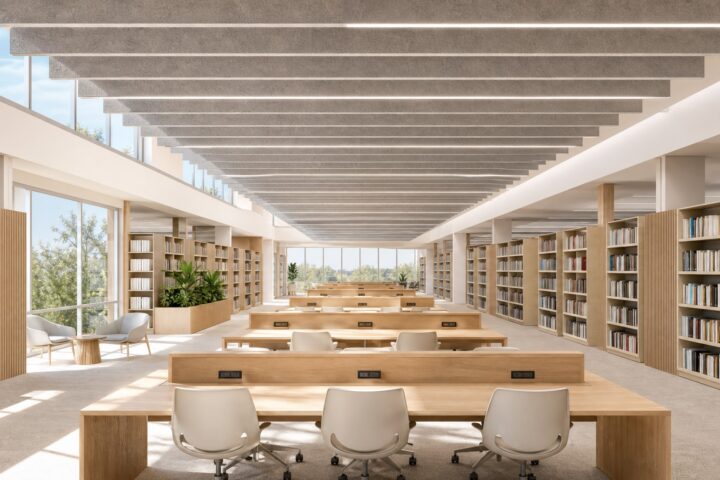Modern library featuring suspended PET acoustic ceiling baffles above study and reading areas