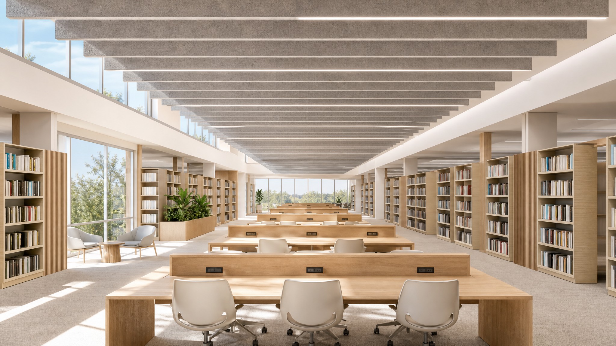 Modern library featuring suspended PET acoustic ceiling baffles above study and reading areas