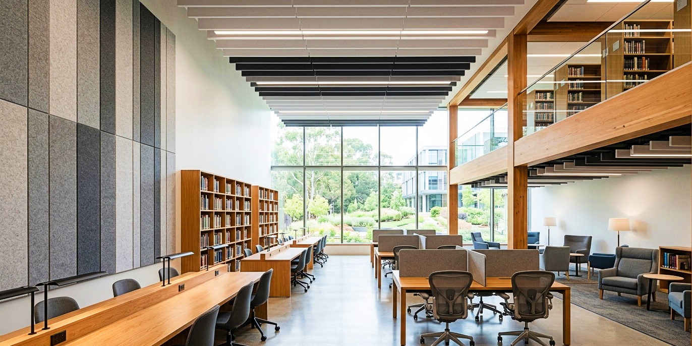 Modern library interior featuring PET acoustic wall panels and suspended acoustic ceiling baffles for sound absorption and study comfort