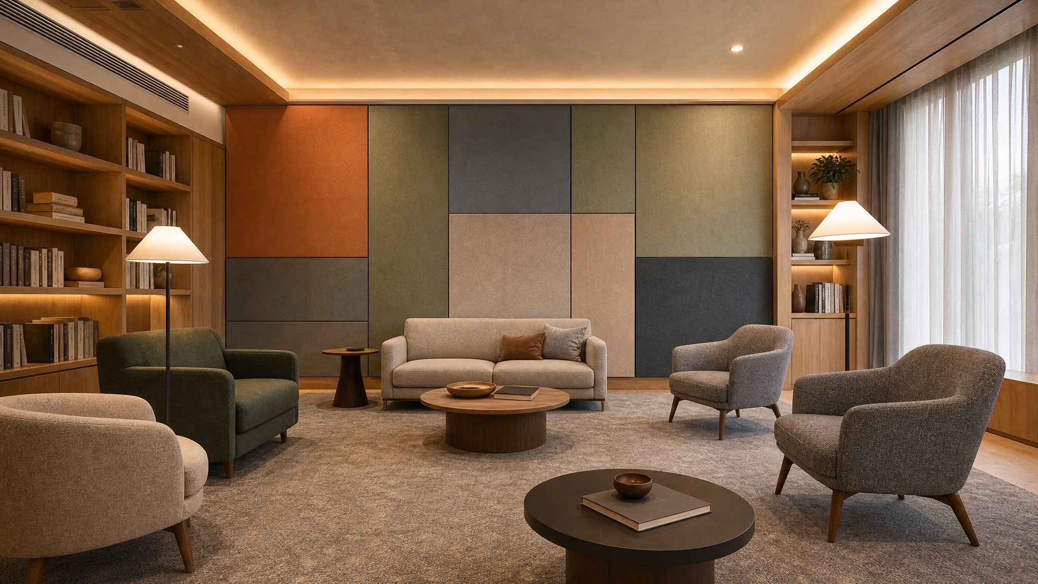 Library reading lounge featuring decorative PET acoustic wall panels designed to improve acoustic comfort and reduce reverberation