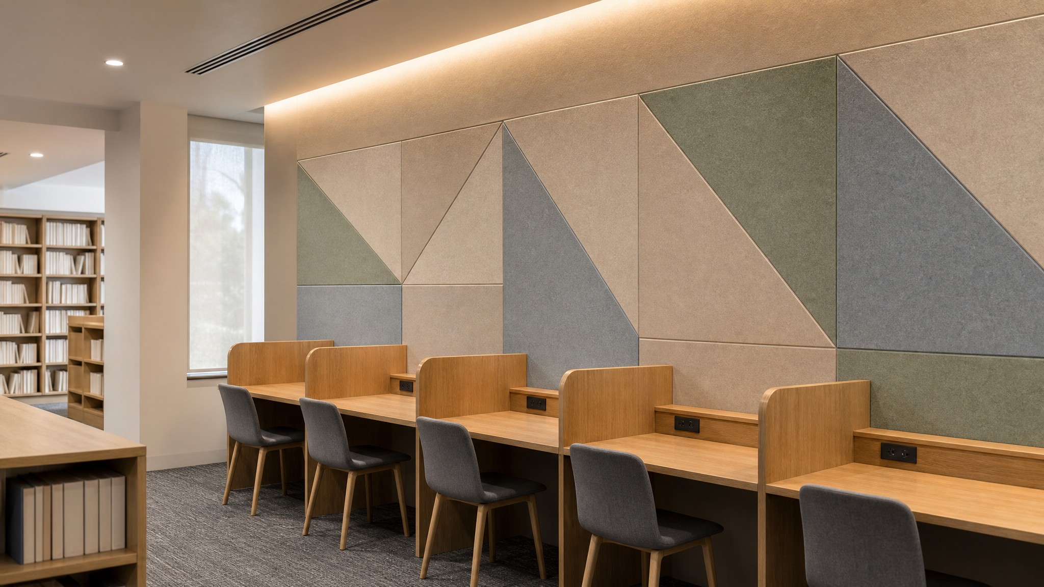 Library study booths with geometric PET acoustic wall panels designed to improve concentration and reduce reverberation