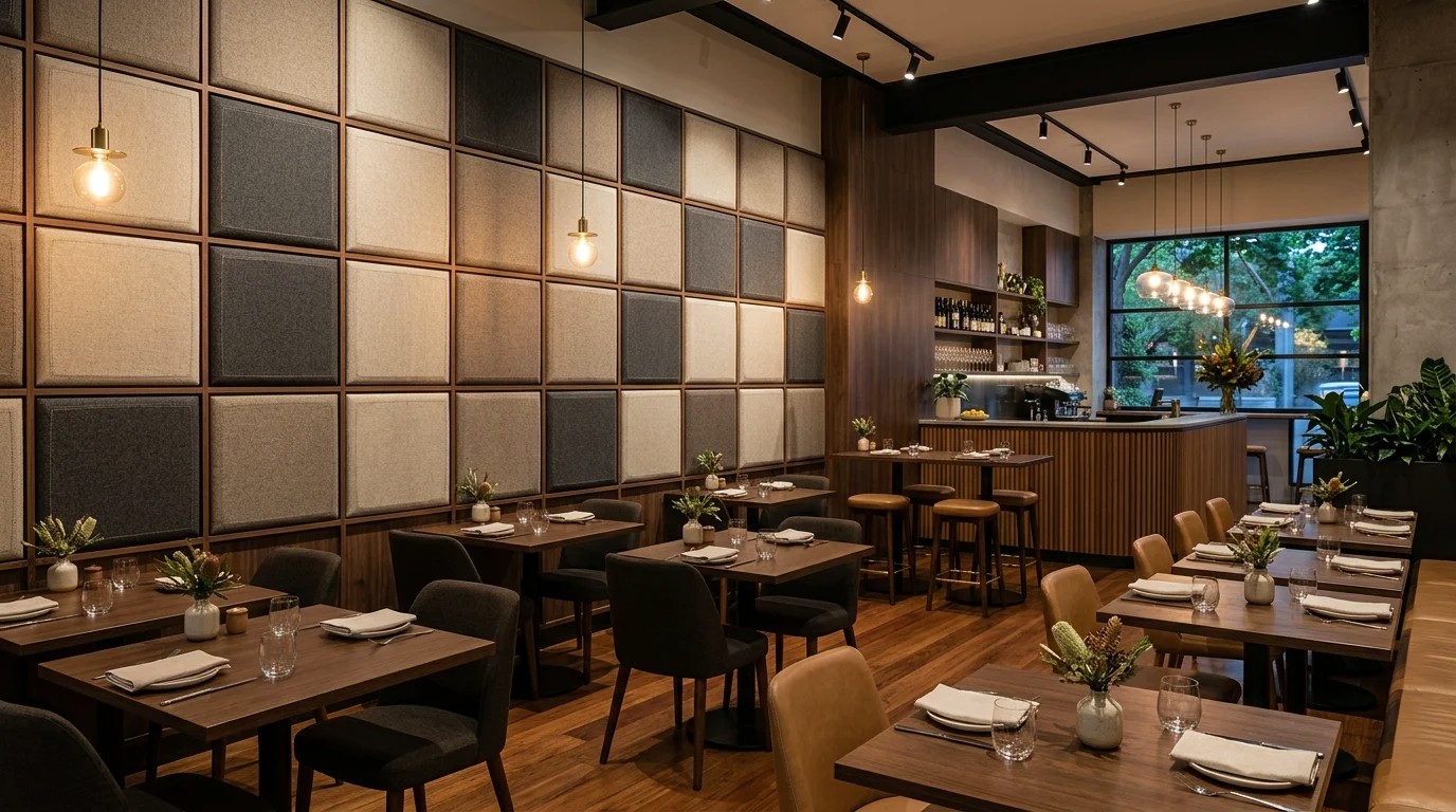 Café interior with Decrawave acoustic wall panels installed on both side walls.