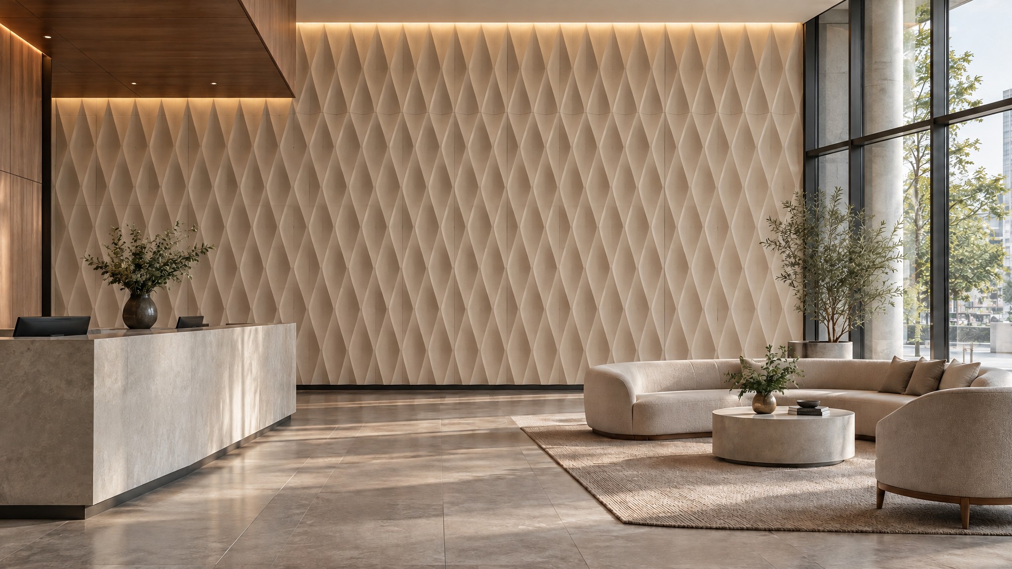 Decrawave three-dimensional acoustic wall panels in a contemporary commercial interior