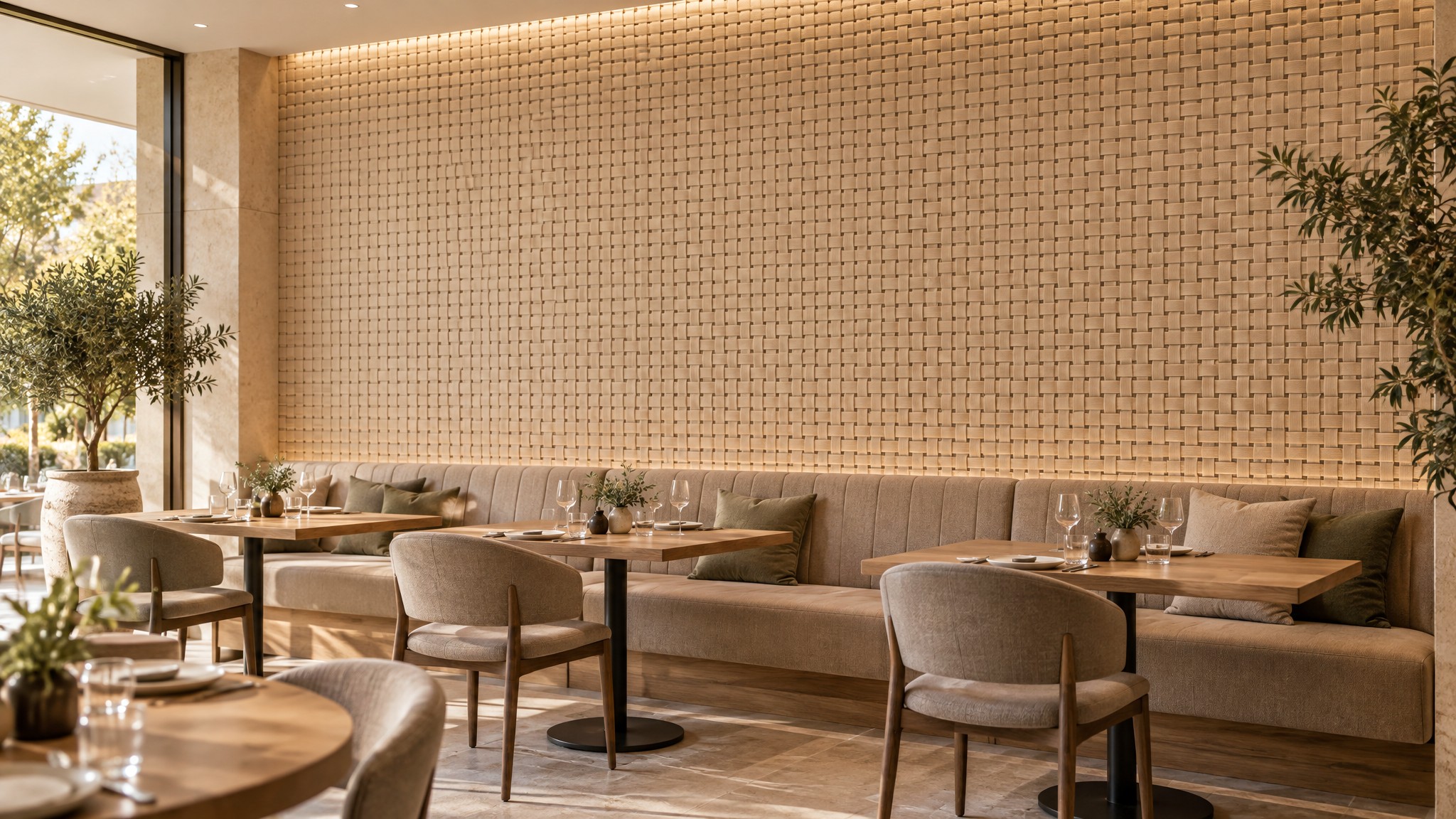 Decrasound Decrawave GeoLine acoustic wall panels in a contemporary hospitality interior