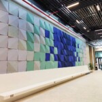 Stacked 3D acoustic panels with layered profile design in neutral tones